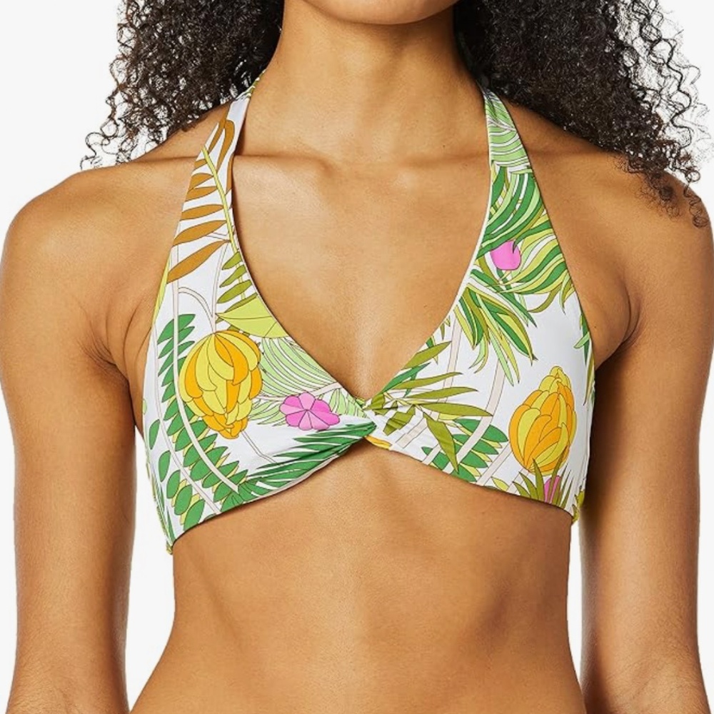 Trina Turk Tropical Bandeau Bikini Top Size 8 Gold Logo Hardware